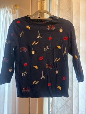 Talbots Navy Long-Sleeve Top with Parisian Embroidered Motifs